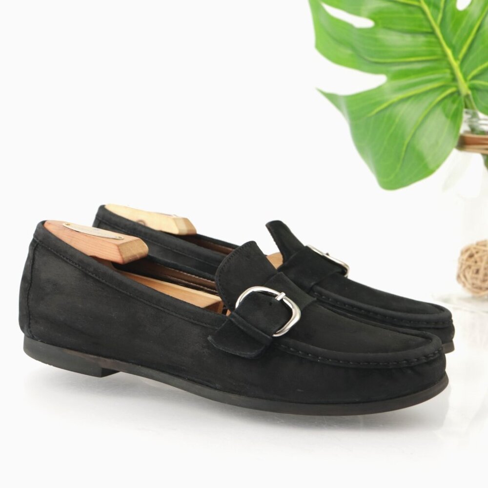 AGL Womens Loafers Size 40.5 10.5 Black Suede Moc Monk‎ Strap Slip On Flat Shoes